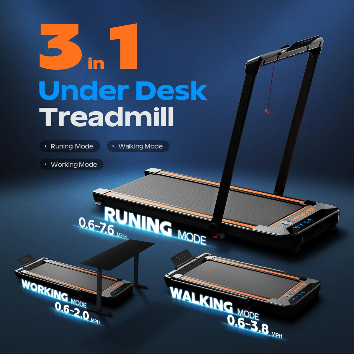 3 in 1 Folding Treadmill, 2.5HP Low-Noise Walking Pad, Black L116