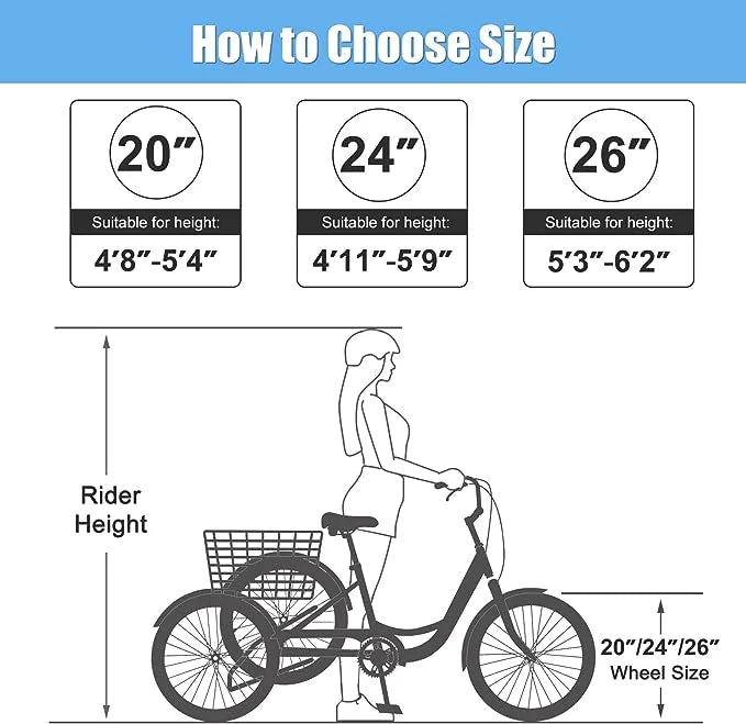 Adult Tricycles 7 Speed 20/24/26 Inch Three Wheel Bike Cruiser Trike with Low-Step Through Frame, Large Basket, Backrest Saddle M297698