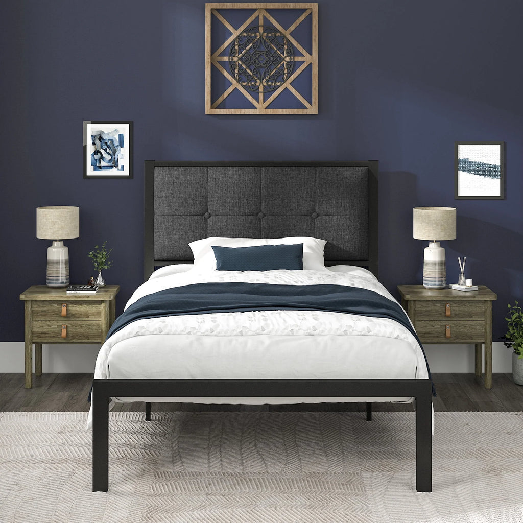 Twin Metal Platform Bed with Fabric Tufted Headboard and Under-Bed Storage A790