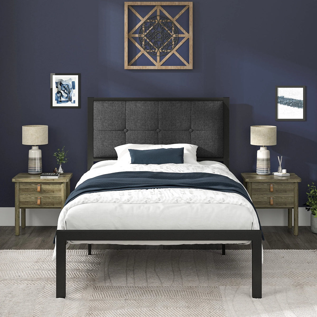 Twin Metal Platform Bed with Fabric Tufted Headboard and Under-Bed Storage A790