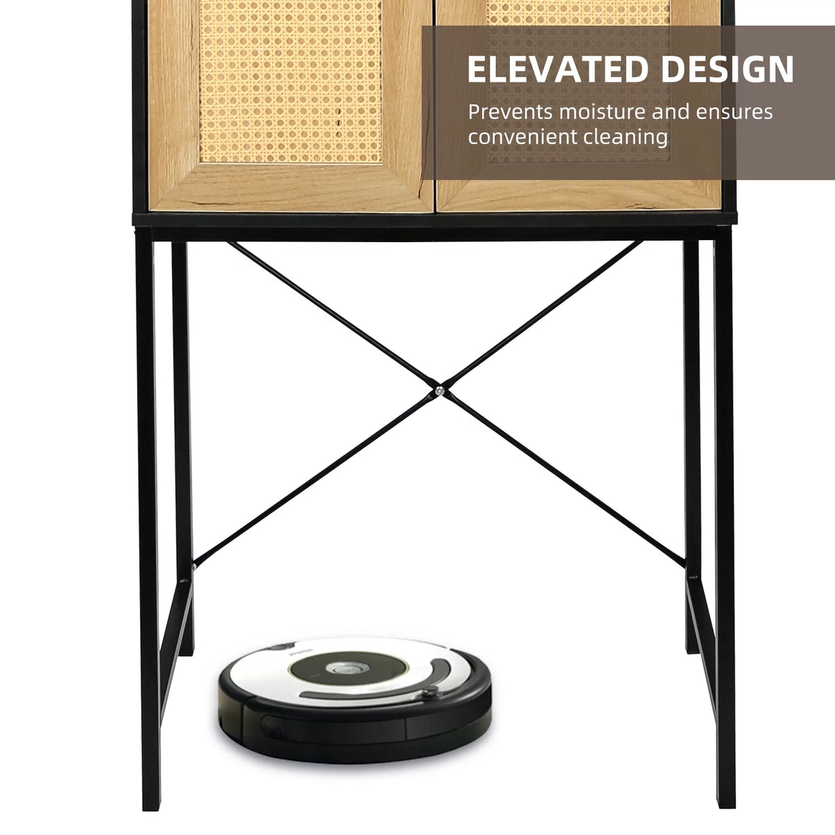Wooden Cabinet with 2 Rattan Doors and 3-Tier Shelving S15010