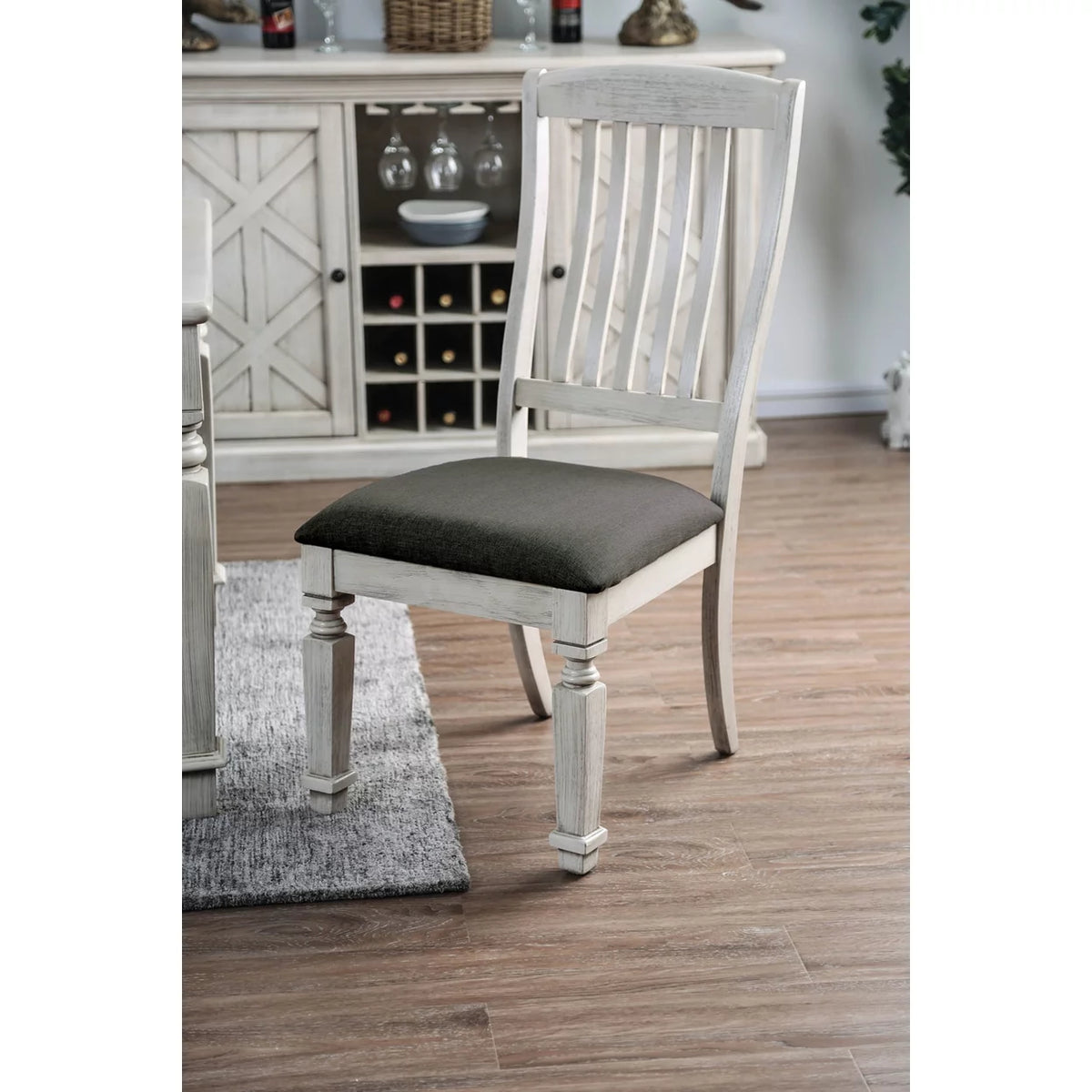 Wooden Side Chair with Fabric Upholstered Padded Seat Pack of Two Antique White and Gray J409